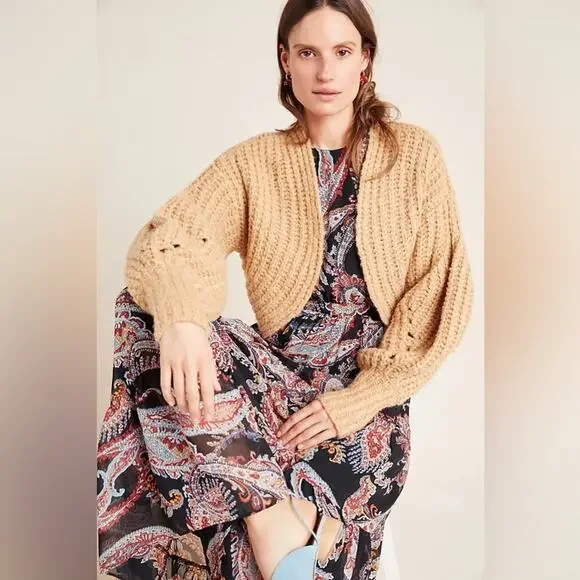 ANTHROPOLOGIE Rae Cropped Cardigan Tan Chunky Knit Sweater Oversized Size Small - Picture 2 of 11